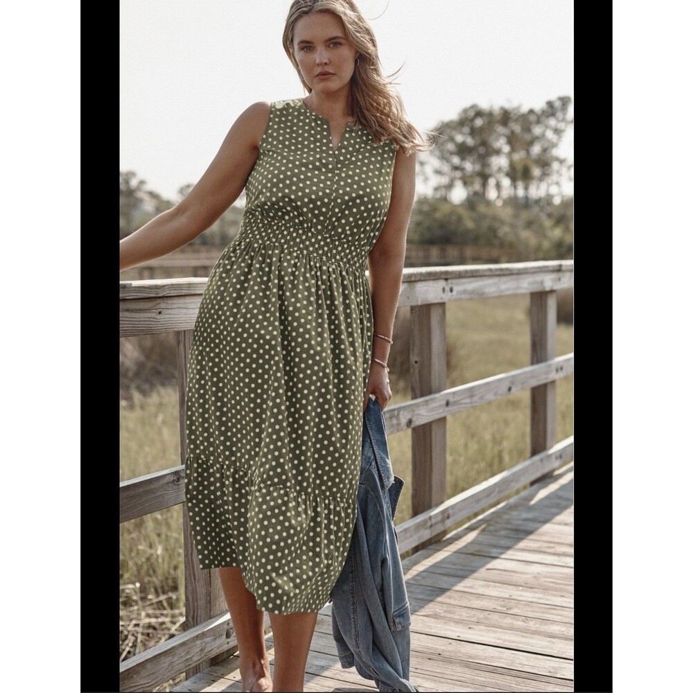 J Jill Carefree Midi Dress Womens Sz XL Olive Green Dot Tiered Classic